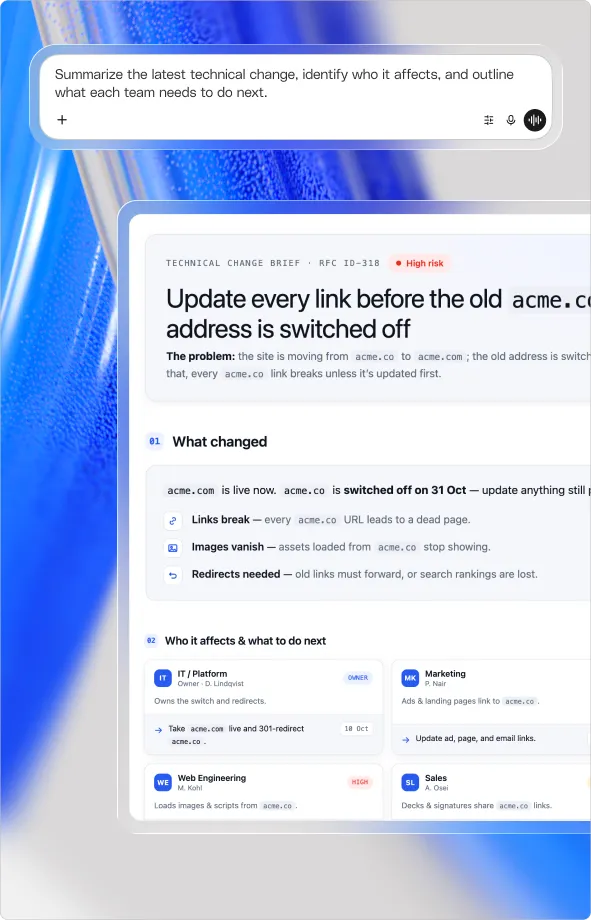 Glean answering: Summarize the latest technical change, identify who it affects, and outline what each team needs to do next.