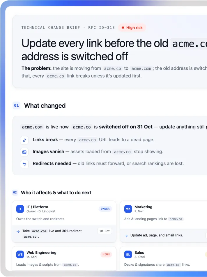 Glean answer: technical change brief on retiring the old acme.co address, covering what changed, who it affects, and next steps for each team.