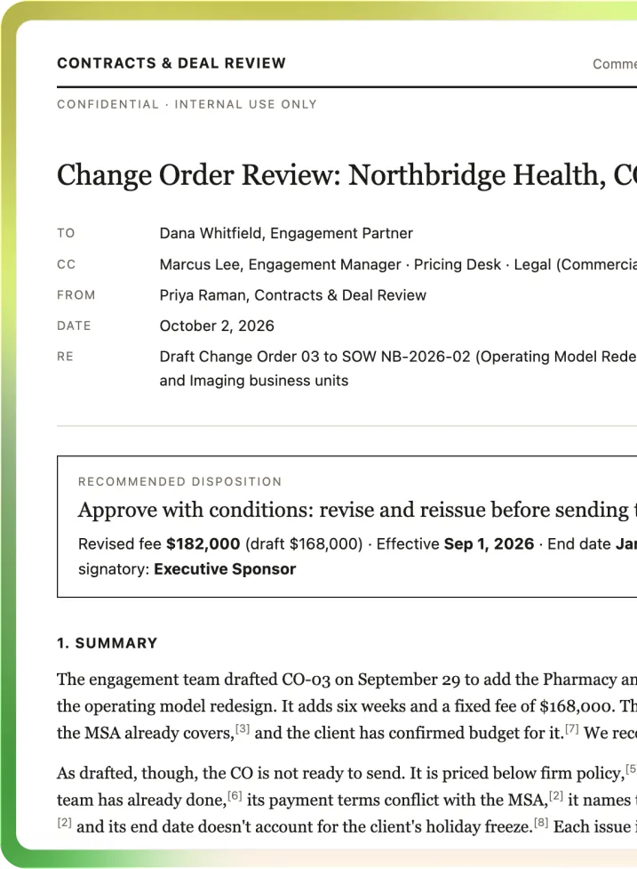Glean answer: change order review memo for Northbridge Health with a recommended disposition, revised fee, and a cited summary of risks.