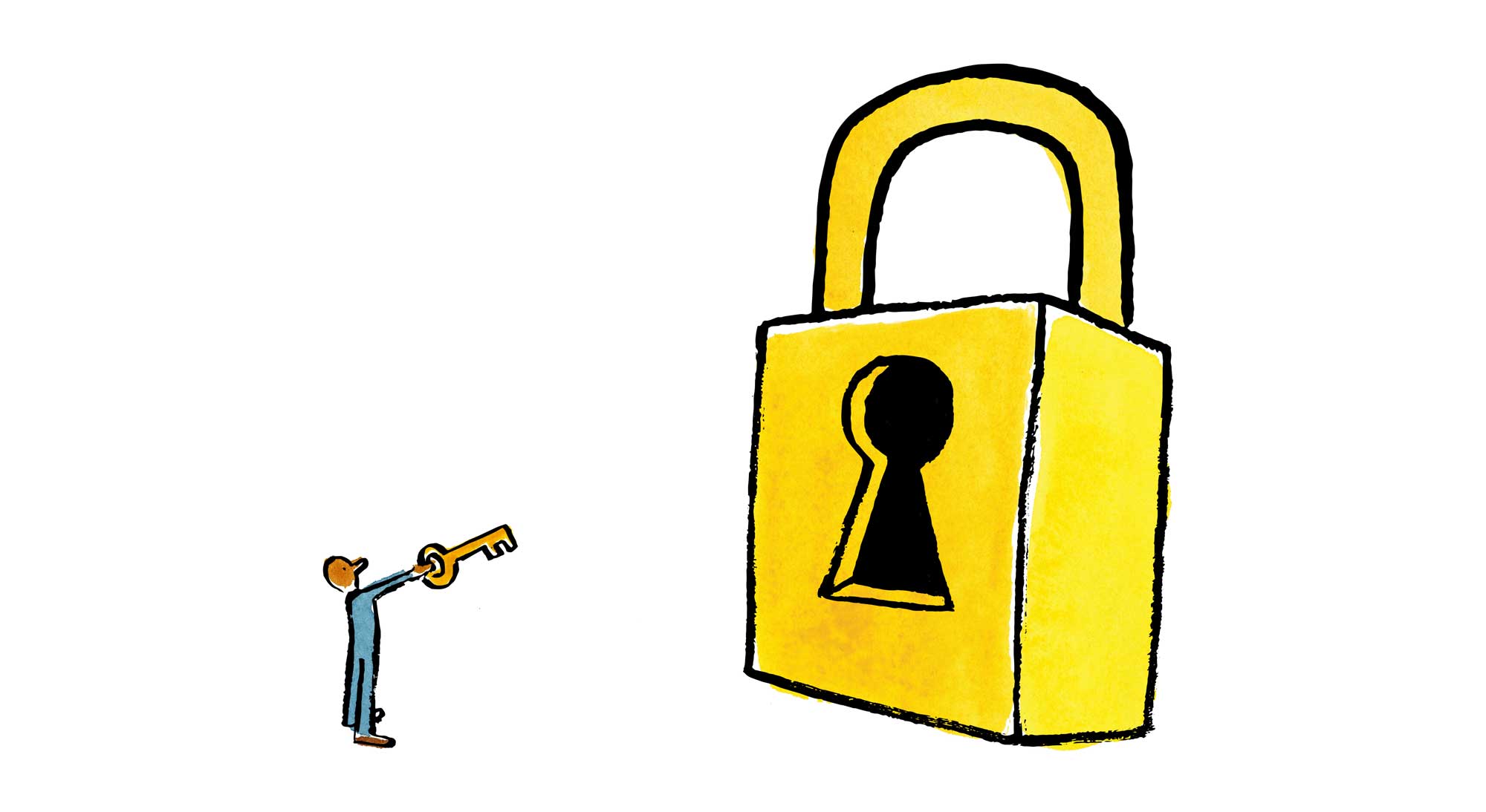 a small person holding a key in front of a large lock