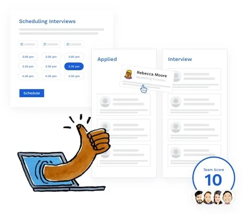 Collage of a thumbs up with Breezy ’s interview scheduling screen, pipeline stages screen, and team score