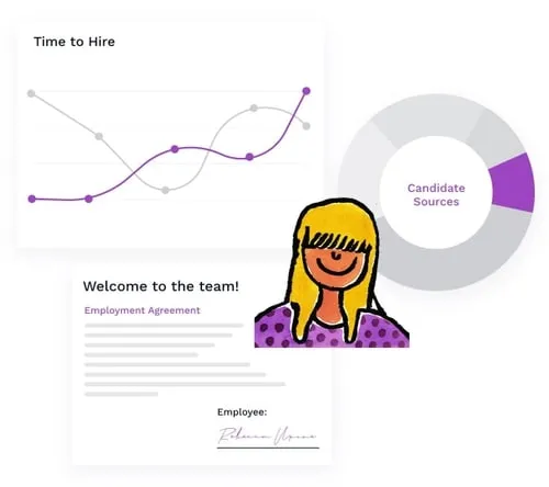 Collage of a woman with Breezy ’s reporting screens, and an offer letter