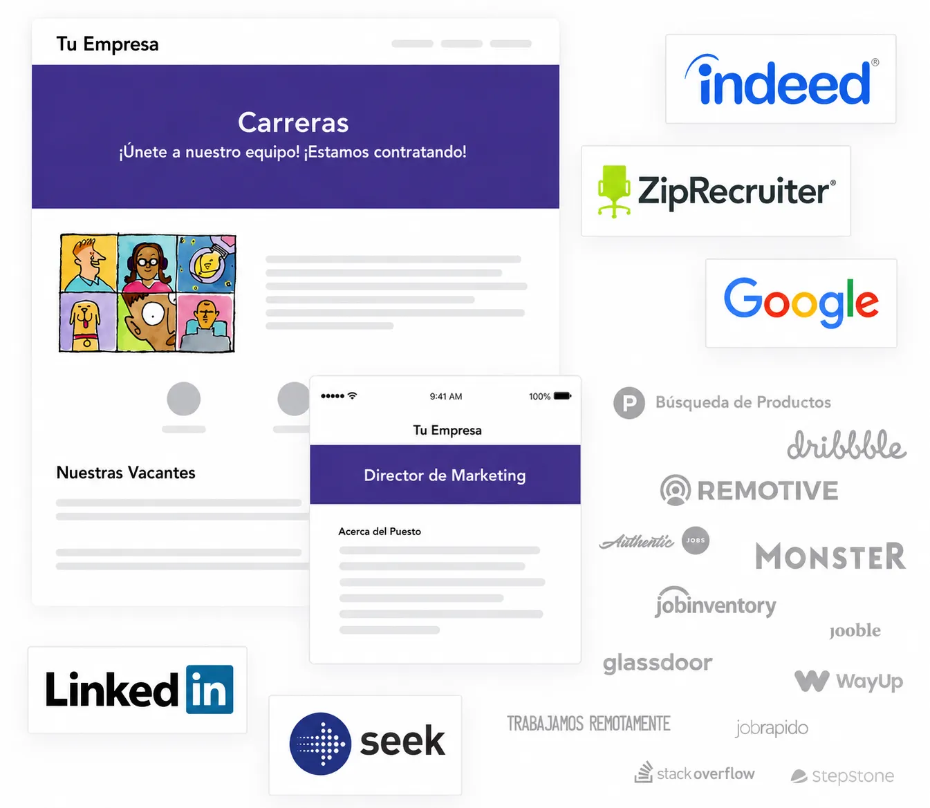 Ilustración de una página de carreras y una oferta de empleo móvil rodeadas de logotipos de bolsas de trabajo como Indeed, LinkedIn, Google y ZipRecruiter sobre un fondo claro.