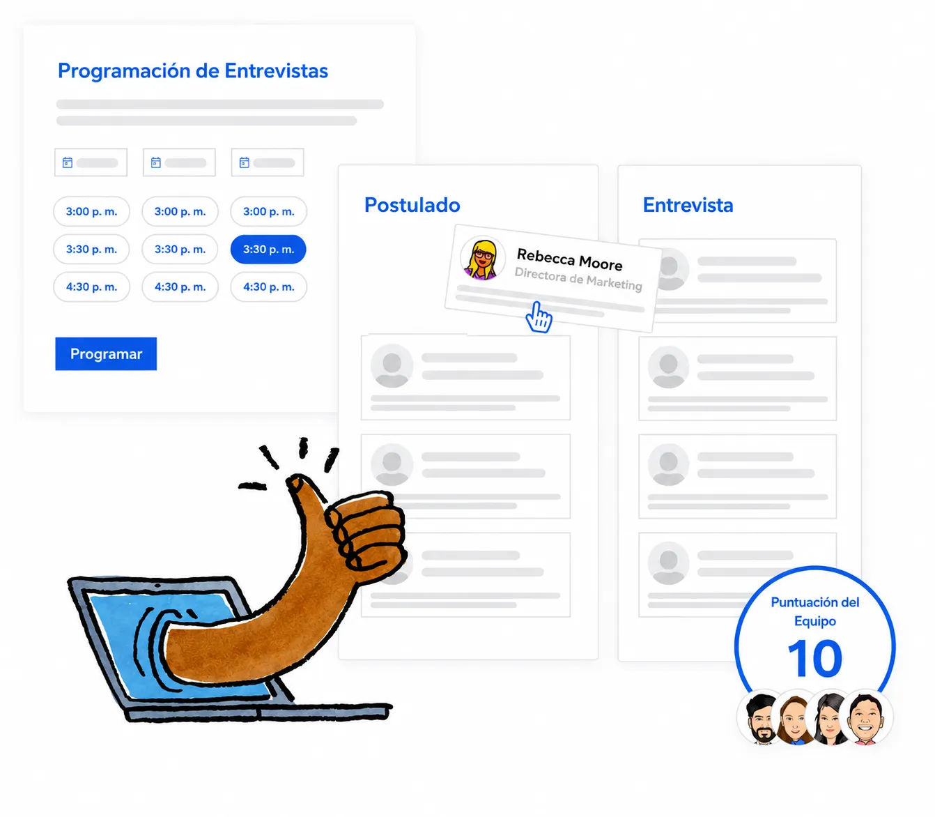 Ilustración de una interfaz de programación de entrevistas y revisión de candidatos que muestra horarios de entrevistas, etapas de postulaciones y entrevistas, una tarjeta de perfil de candidato y una laptop con una mano haciendo pulgar arriba junto a un indicador de puntuación del equipo.