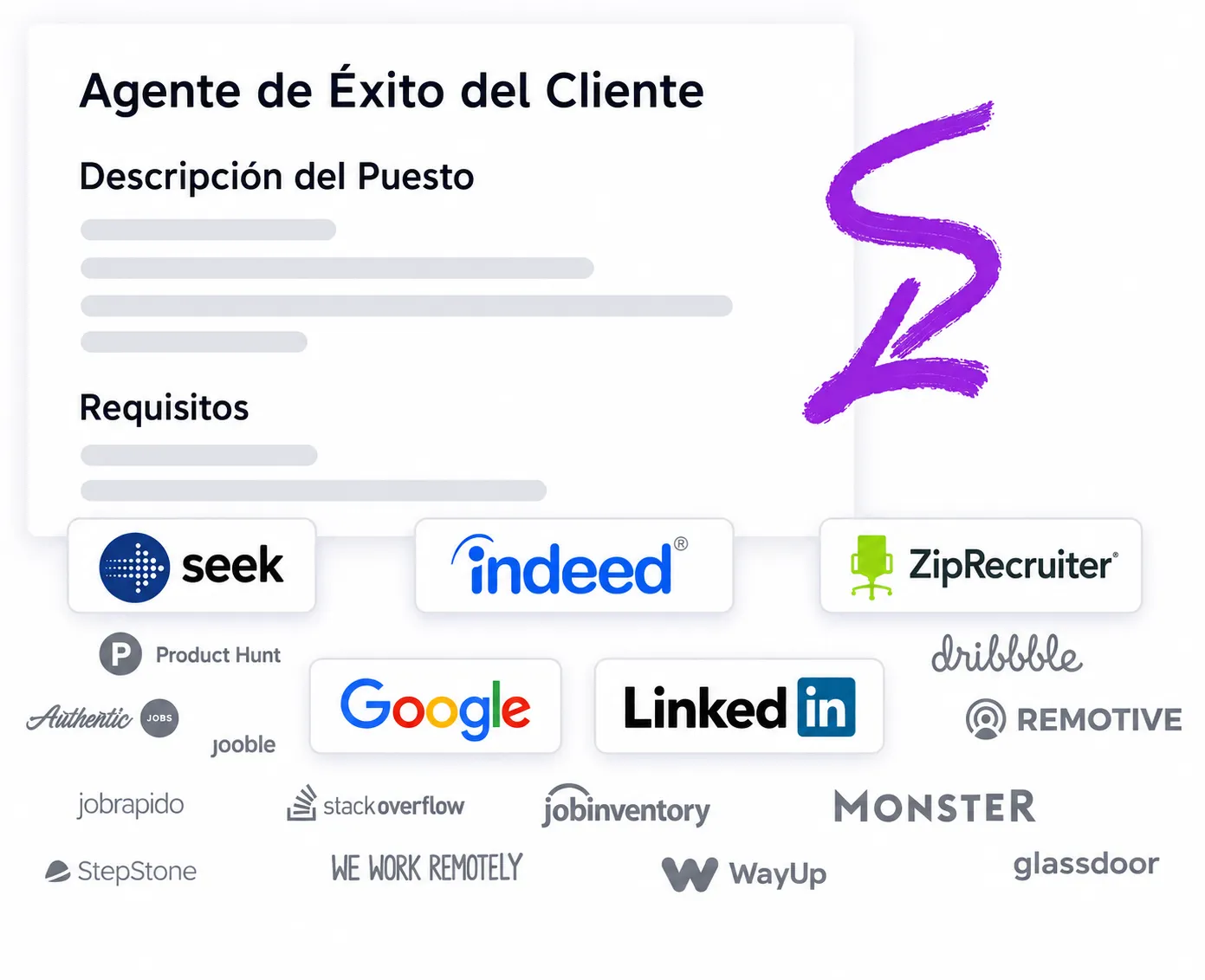 Diseño de oferta de empleo para un puesto de agente de éxito del cliente rodeado de logotipos de bolsas de trabajo como Indeed, LinkedIn, Google, ZipRecruiter y Seek.