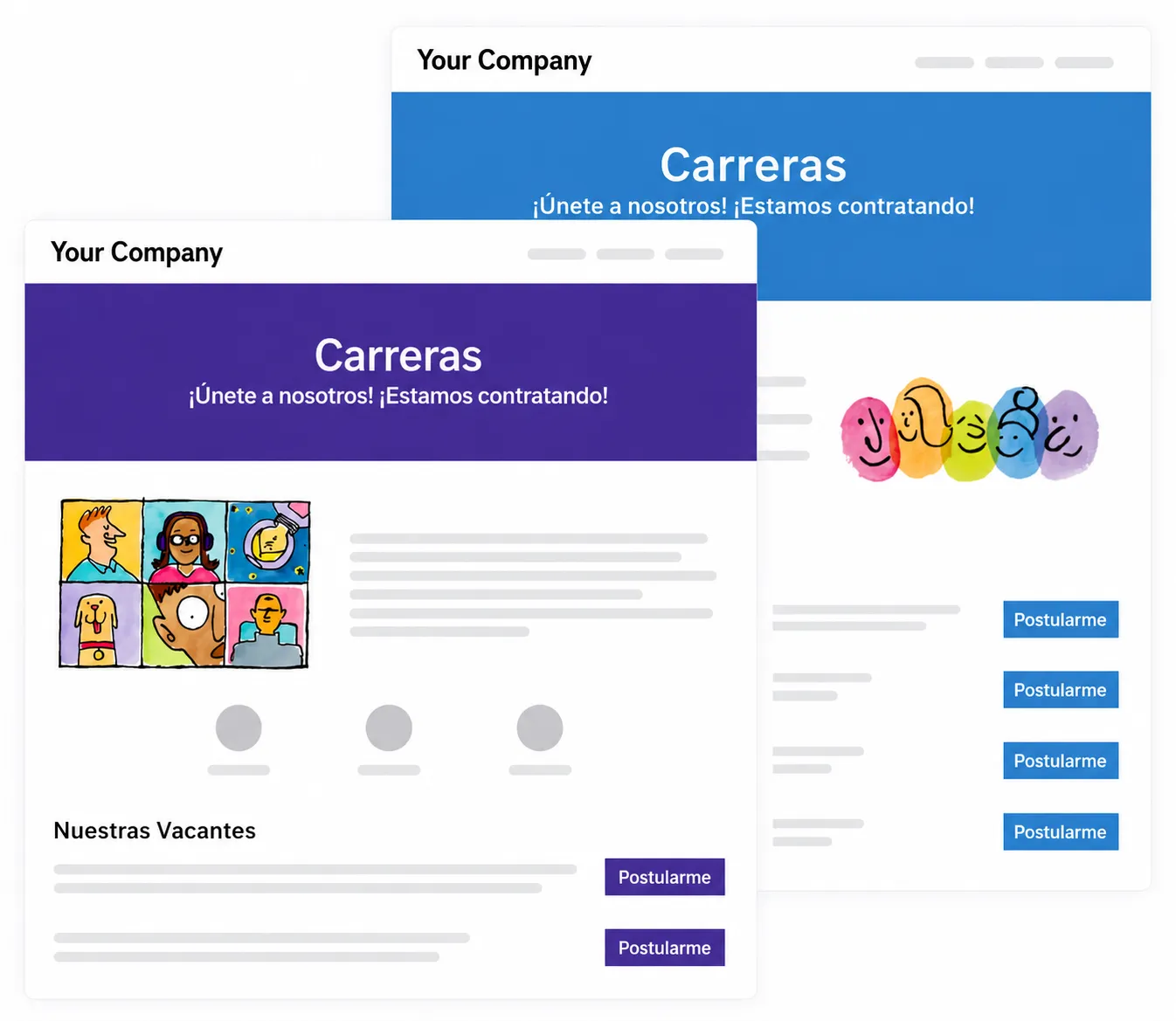 Dos diseños de páginas de carreras que muestran ofertas de empleo, ilustraciones de equipos y botones para postularse a vacantes abiertas.