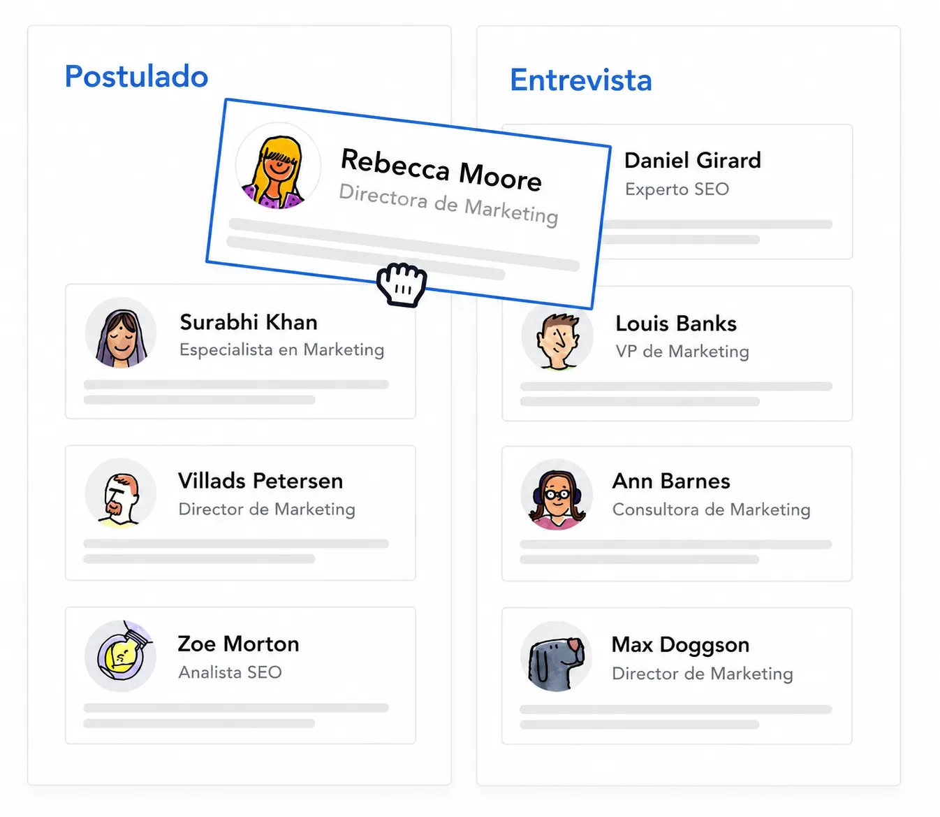 Tablero de seguimiento de candidatos que muestra postulantes pasando de la etapa de postulación a la etapa de entrevista con tarjetas de candidatos arrastrables y detalles de perfil.