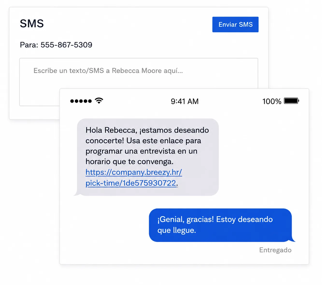 Interfaz de programación de entrevistas por SMS que muestra un mensaje del reclutador con un enlace para programar una entrevista y una respuesta de confirmación del candidato.