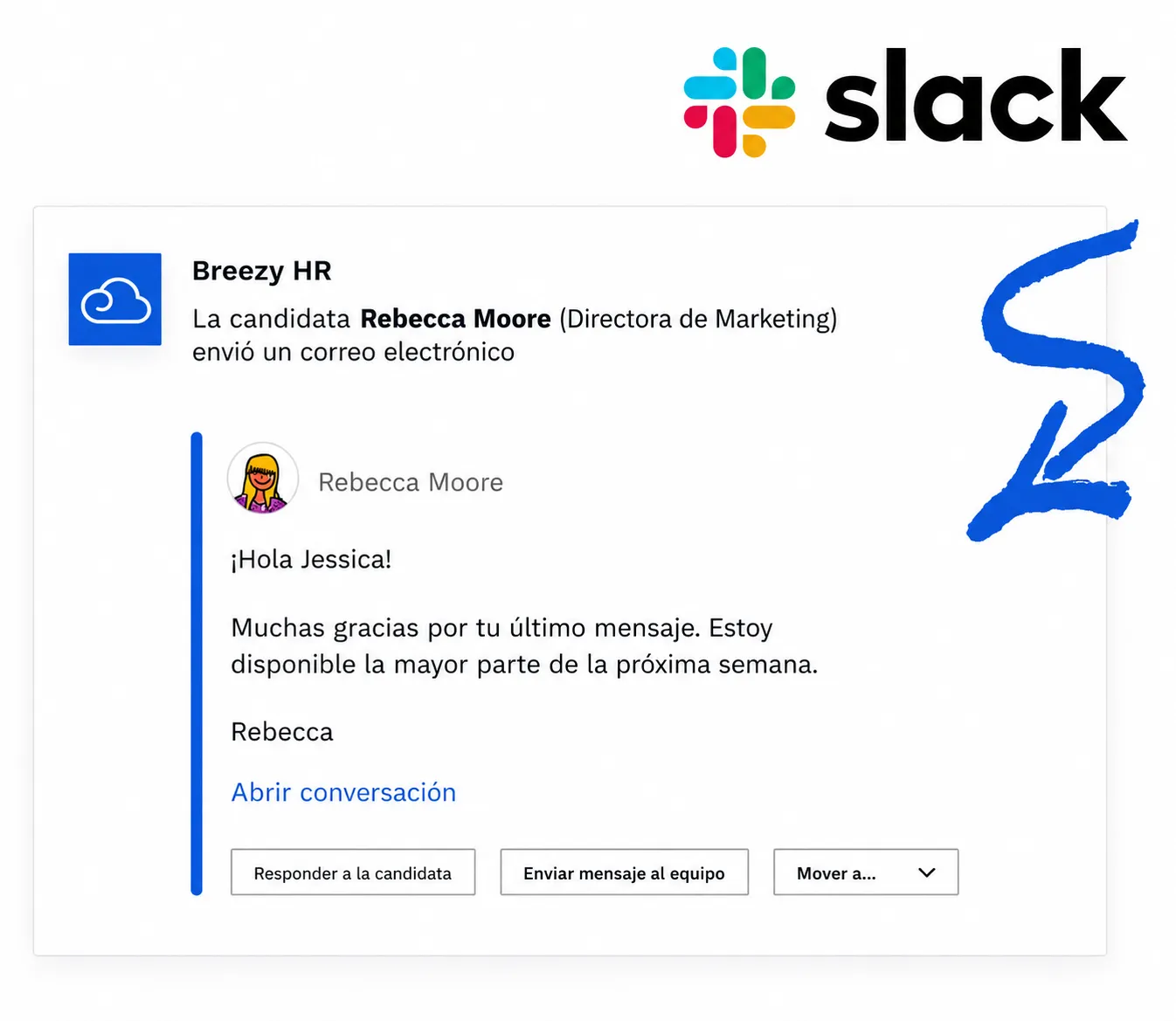 Interfaz de notificación de Slack que muestra una conversación por correo electrónico con una candidata, opciones de respuesta del reclutador y acciones de colaboración del equipo dentro de Breezy HR.