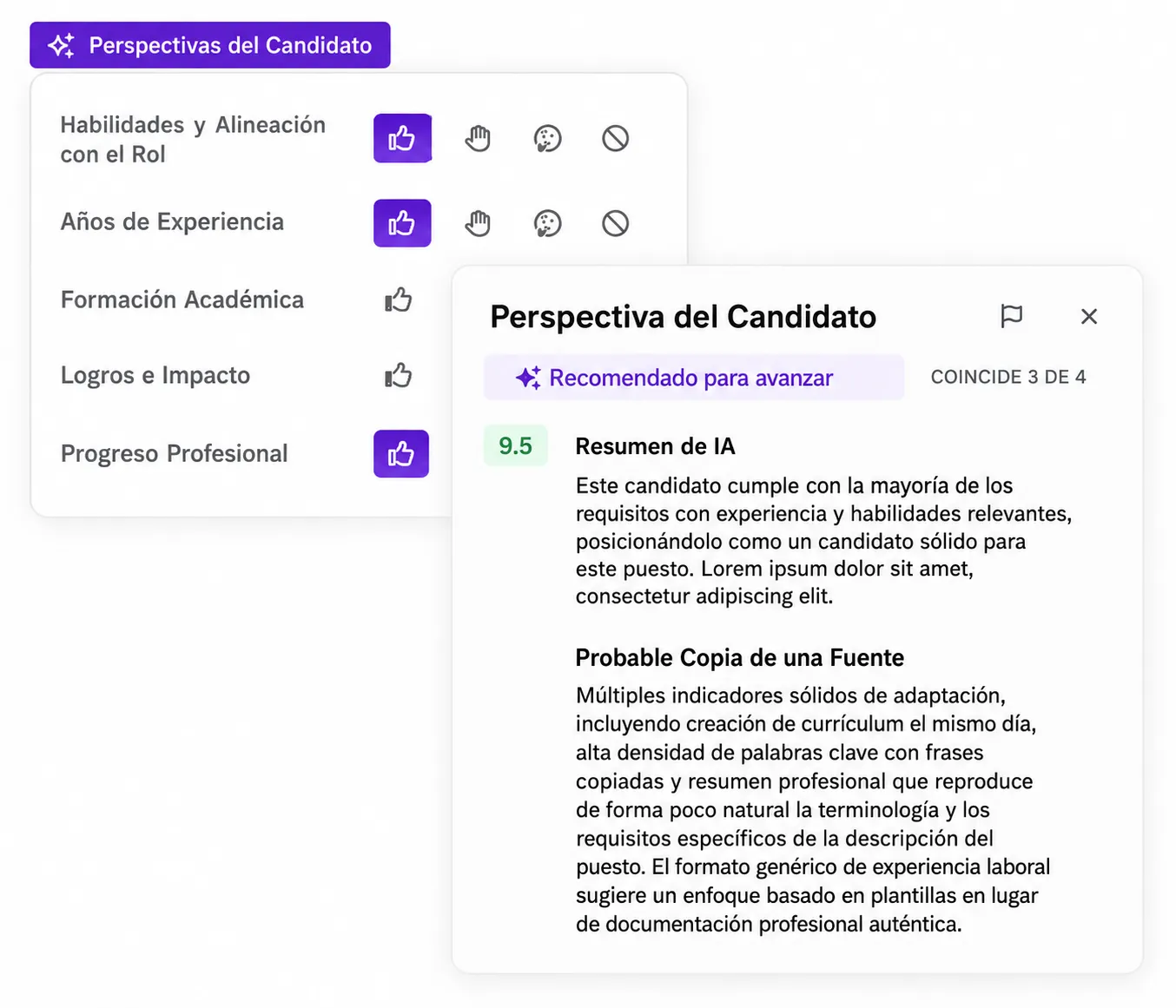 Panel de perspectivas del candidato que muestra evaluaciones de candidatos generadas por IA, calificaciones de alineación con el puesto, puntuación de experiencia y detalles de recomendaciones de contratación.