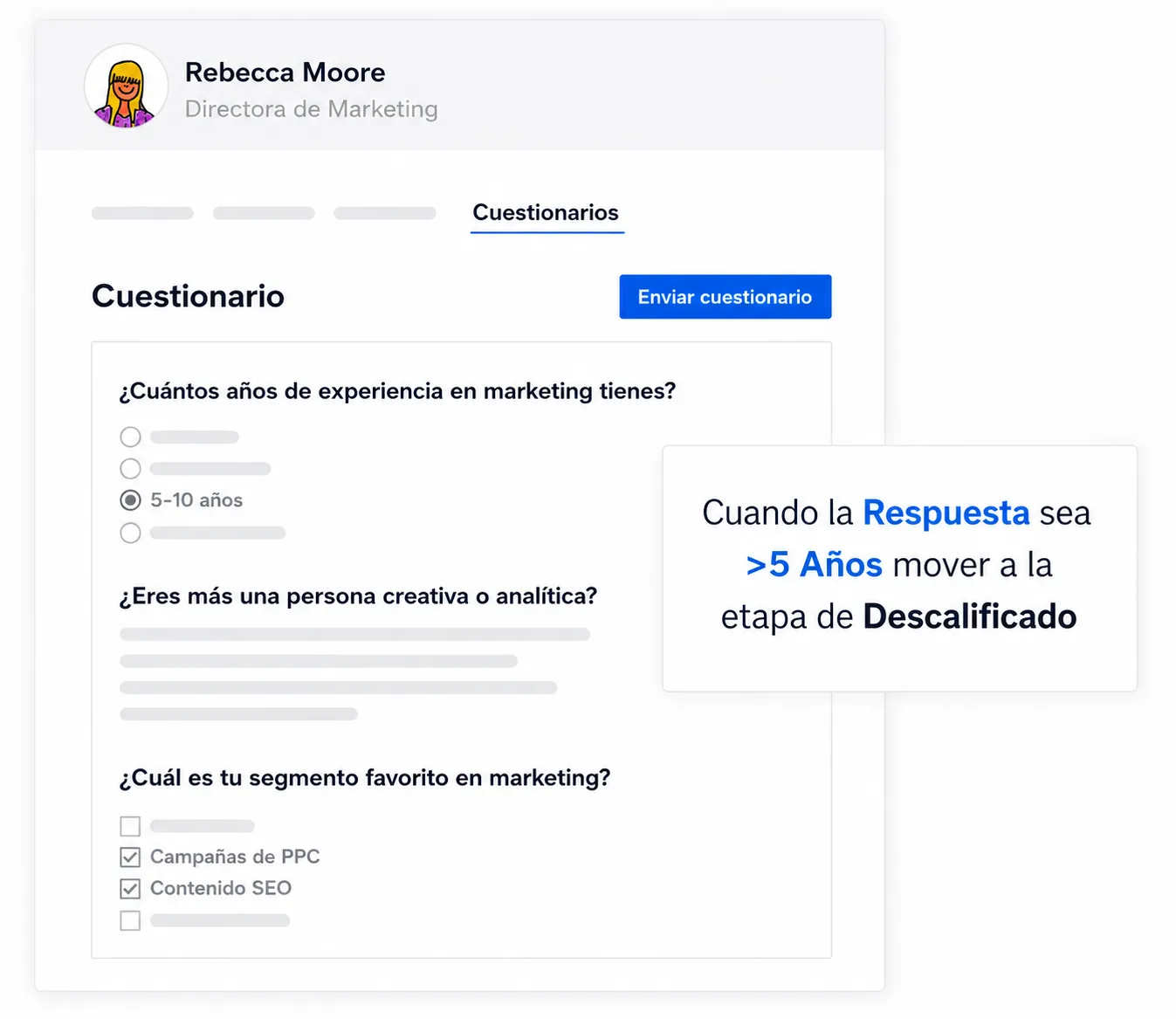 Interfaz de cuestionario para candidatos que muestra preguntas de evaluación sobre experiencia en marketing, reglas de automatización basadas en respuestas y acciones de flujo de preselección.