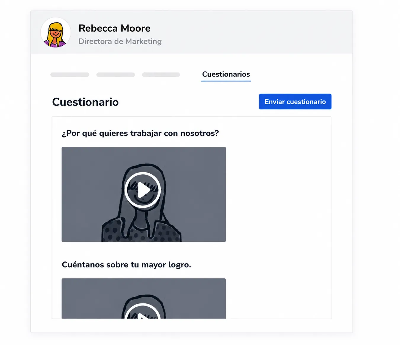 Interfaz de cuestionario para candidatos con preguntas en formato de video, preguntas de preselección y opciones para enviar y revisar cuestionarios de candidatos.