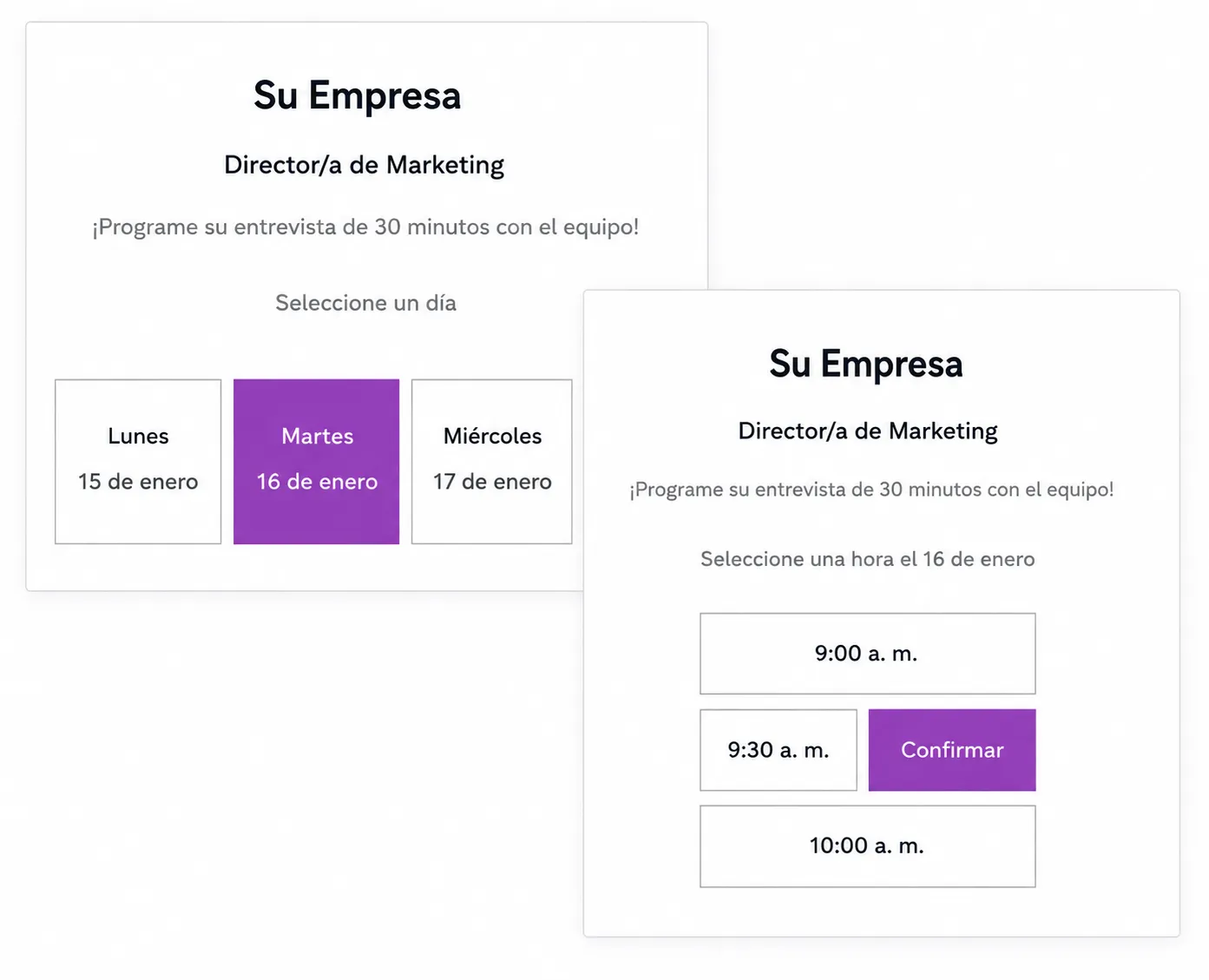 Interfaz de programación de entrevistas que muestra opciones de selección de día y hora para candidatos, con horarios disponibles y acciones para confirmar entrevistas.