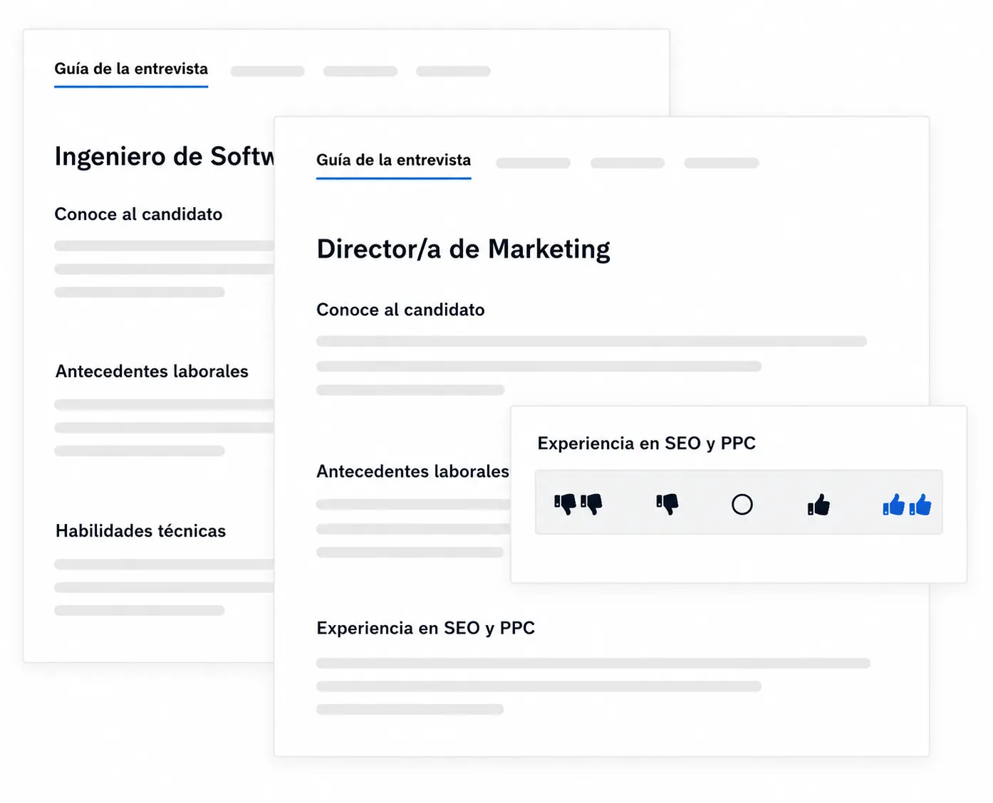Interfaz de guía de entrevistas que muestra secciones estructuradas de entrevista, criterios de evaluación de candidatos, categorías de evaluación de habilidades y opciones de puntuación para comentarios del entrevistador.