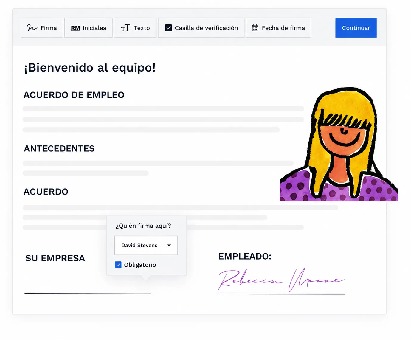 Formulario digital de acuerdo laboral con herramientas de firma, secciones de incorporación, campos de asignación de firmantes, líneas de firma y un avatar de candidato mostrado en el lado derecho.