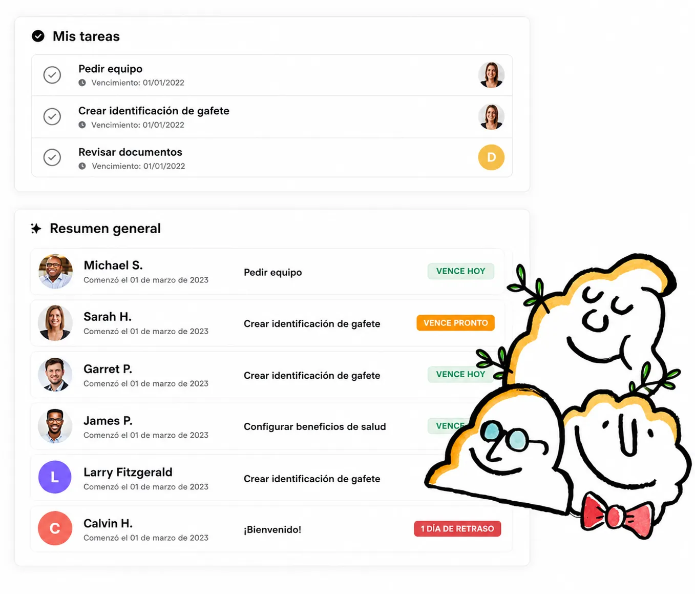 Panel que muestra secciones de tareas de incorporación y resumen del equipo con listas de tareas, nombres de empleados, fechas de vencimiento, etiquetas de estado y acciones de incorporación junto a personajes decorativos en forma de nube.