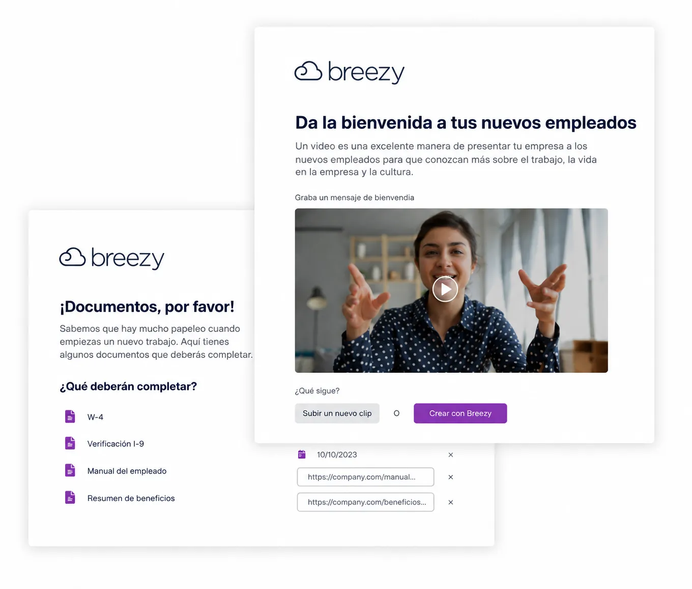 Panel de incorporación que muestra materiales de bienvenida para nuevas contrataciones, incluyendo un video de bienvenida, una lista de documentos de incorporación, opciones de carga y recursos de la empresa para completar documentación.
