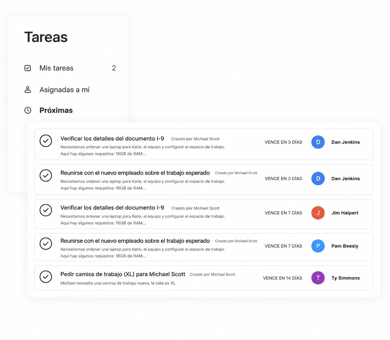 Panel de gestión de tareas con una barra lateral para categorías de tareas y una lista de próximas tareas de incorporación que muestra descripciones, fechas de vencimiento, responsables e indicadores de estado.