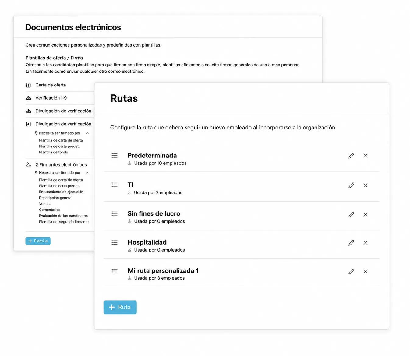 Interfaz para administrar rutas de incorporación y documentos electrónicos, que muestra plantillas de documentos, flujos de firma, configuraciones de rutas de incorporación, cantidad de empleados que las utilizan y opciones de gestión de rutas.