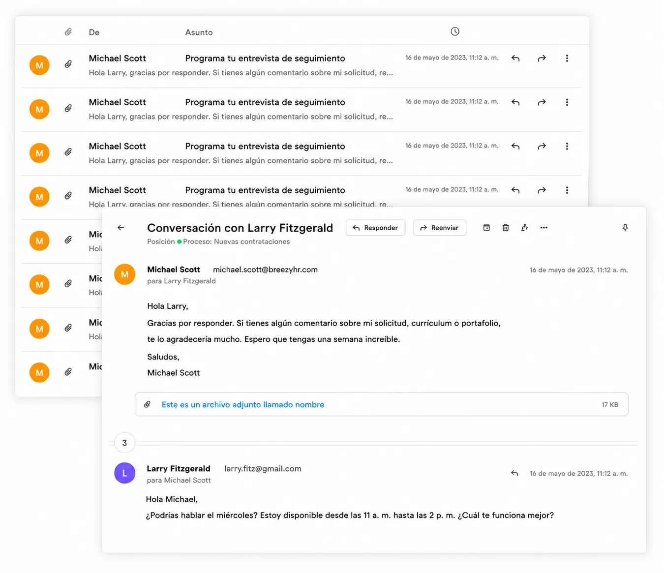 Bandeja de entrada de correo electrónico y vista de conversación que muestran comunicaciones de seguimiento de entrevistas entre un reclutador y un candidato, incluyendo hilos de mensajes, archivos adjuntos, marcas de tiempo y una conversación para programar una reunión.