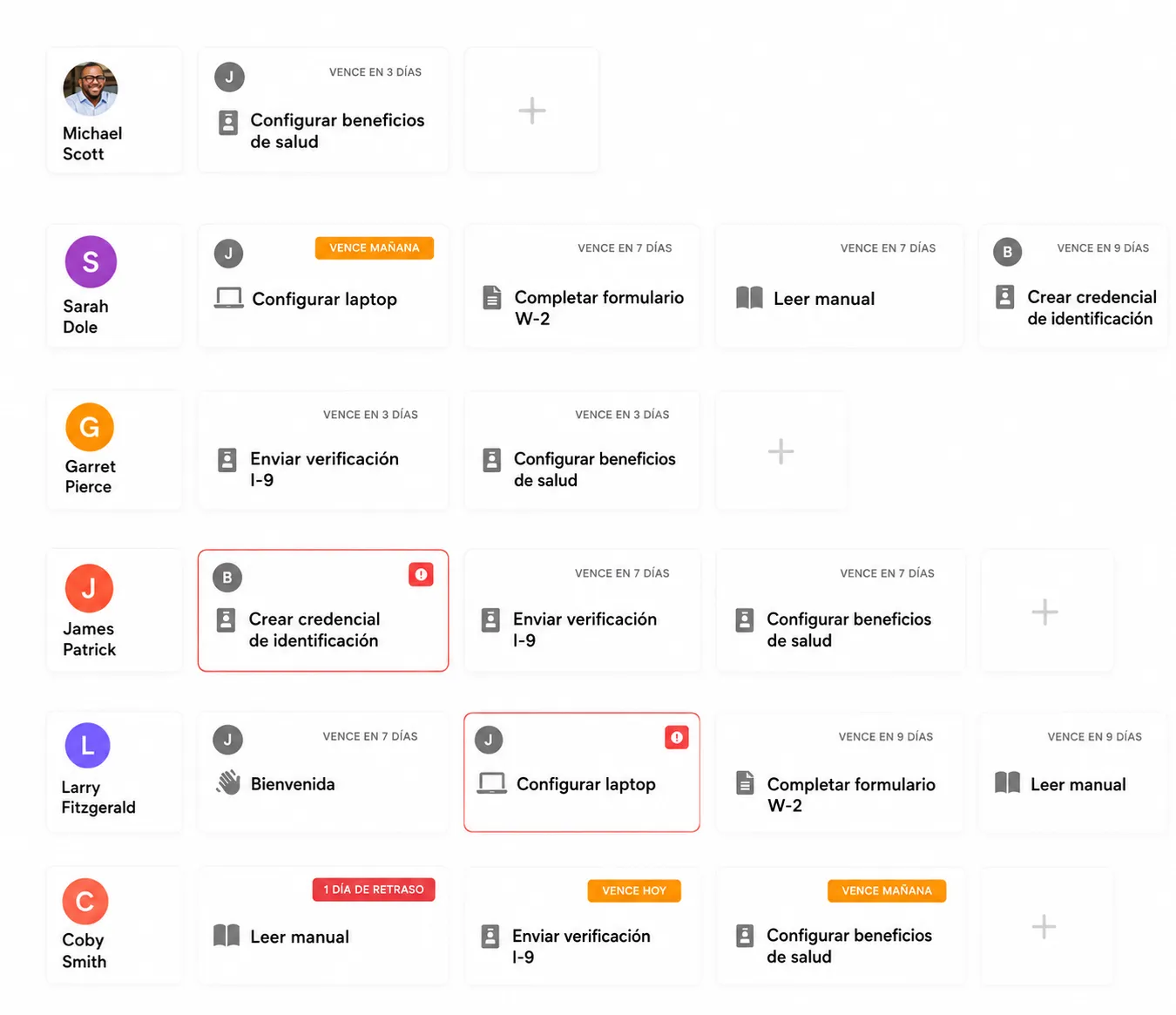 Panel de tareas que muestra actividades de incorporación asignadas a distintos empleados. Cada fila incluye el nombre del empleado, un avatar, tarjetas de tareas y etiquetas con fechas límite. Las tareas incluyen configurar beneficios de salud, preparar una computadora portátil, completar un formulario W-2, leer el manual del empleado, crear una credencial de identificación y enviar documentación de verificación I-9. Algunas tareas están marcadas como vencen hoy, vencen mañana, atrasadas o con vencimiento en varios días.
