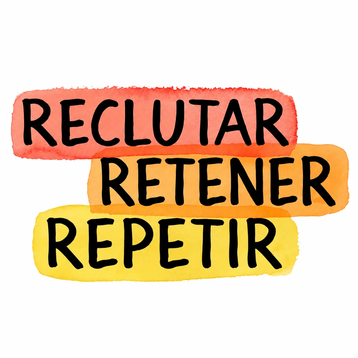 Texto estilizado con las palabras “RECLUTAR”, “RETENER” y “REPETIR” en letras negras grandes sobre franjas de acuarela roja, naranja y amarilla superpuestas sobre un fondo claro.