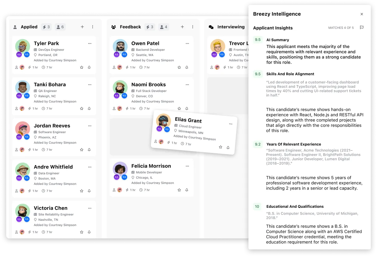 an example of Breezy HR drag and drop kanban style feature with examples of stage action automations