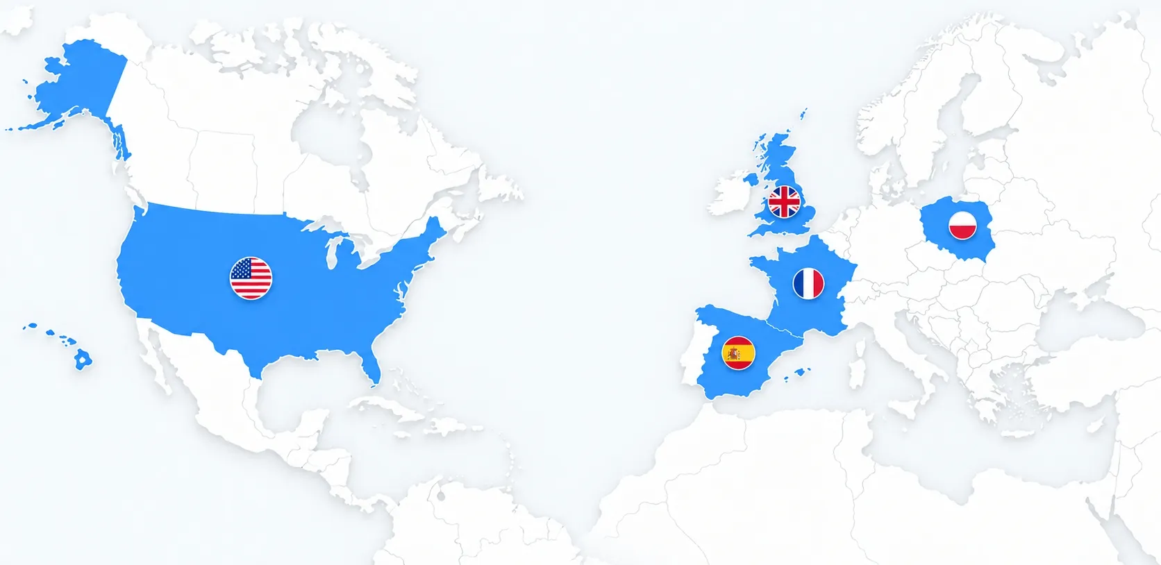 Map showing Skyblu's geographical coverage in the United States, United Kingdom, France, Spain and Poland