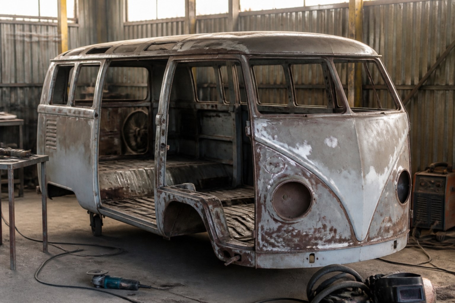 Rostige Karosserie eines alten VW-T1-Busses in einer staubigen Werkstatt, KI-generiertes Bild