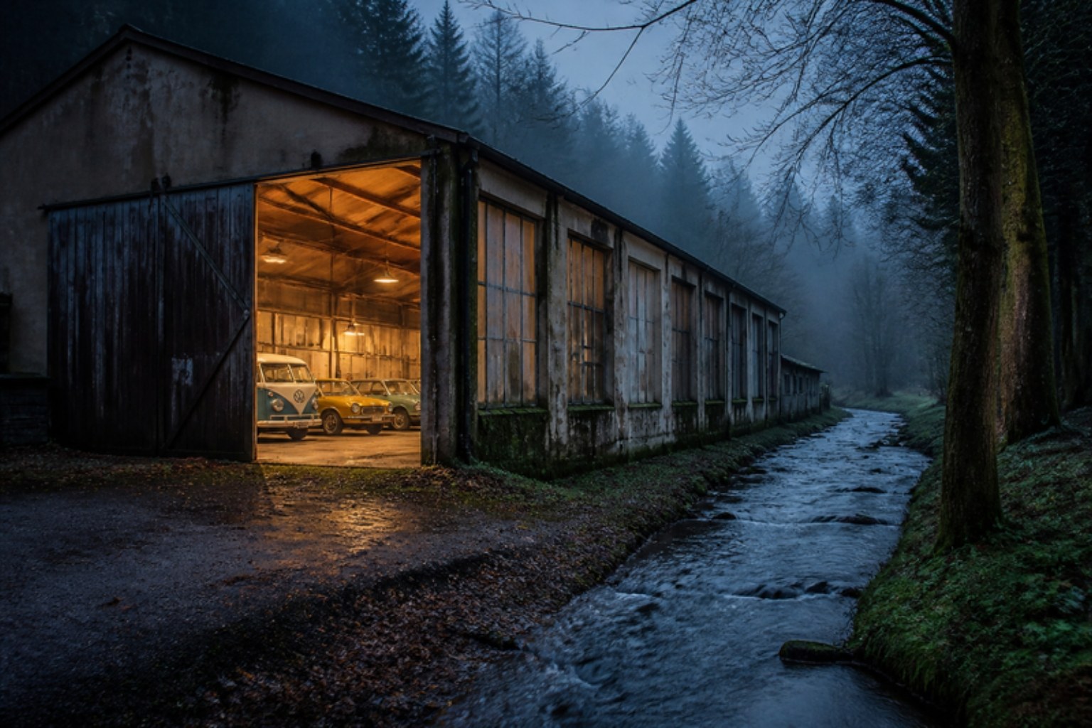 Alte Werkstatthalle am Waldrand mit Bach in der Dämmerung, darin ein VW-Bus und alte Autos, KI-generiertes Bild