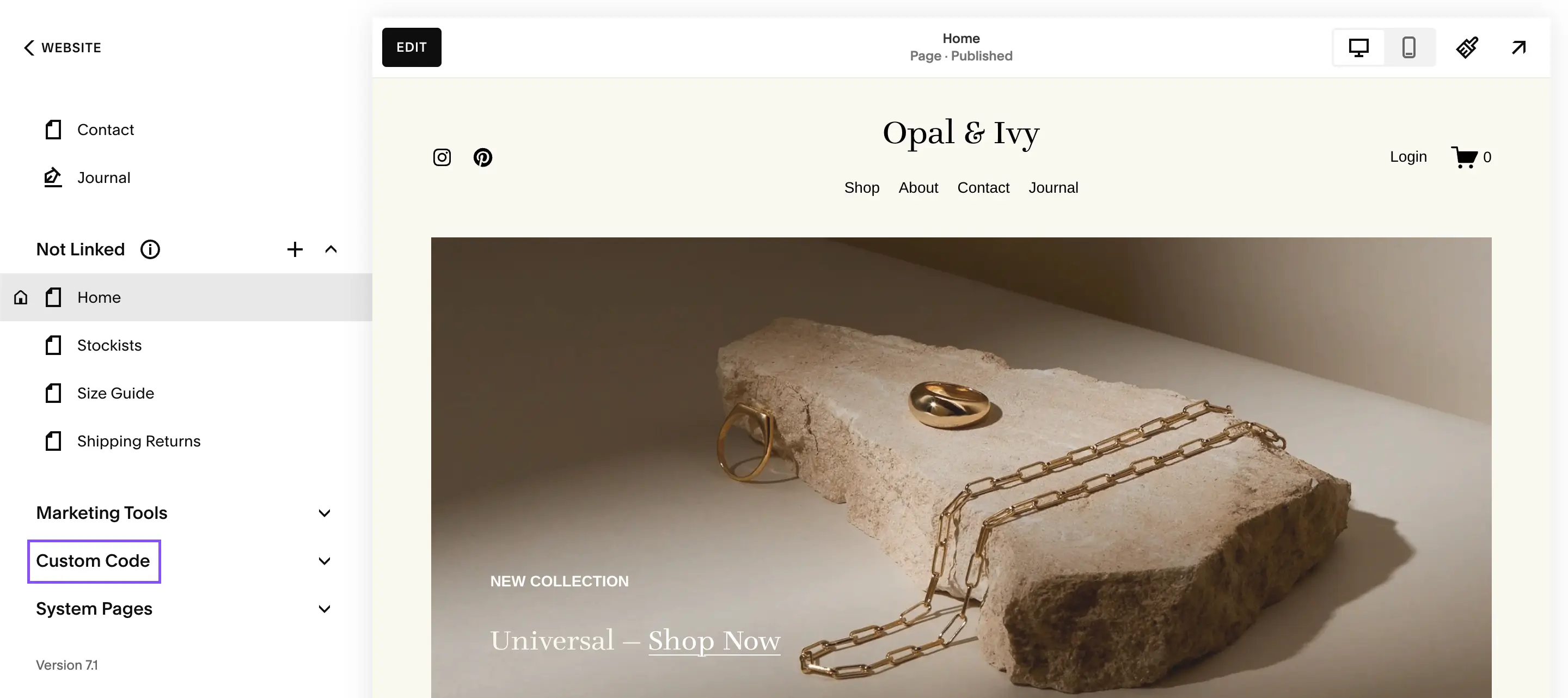 click on custom code in squarespace