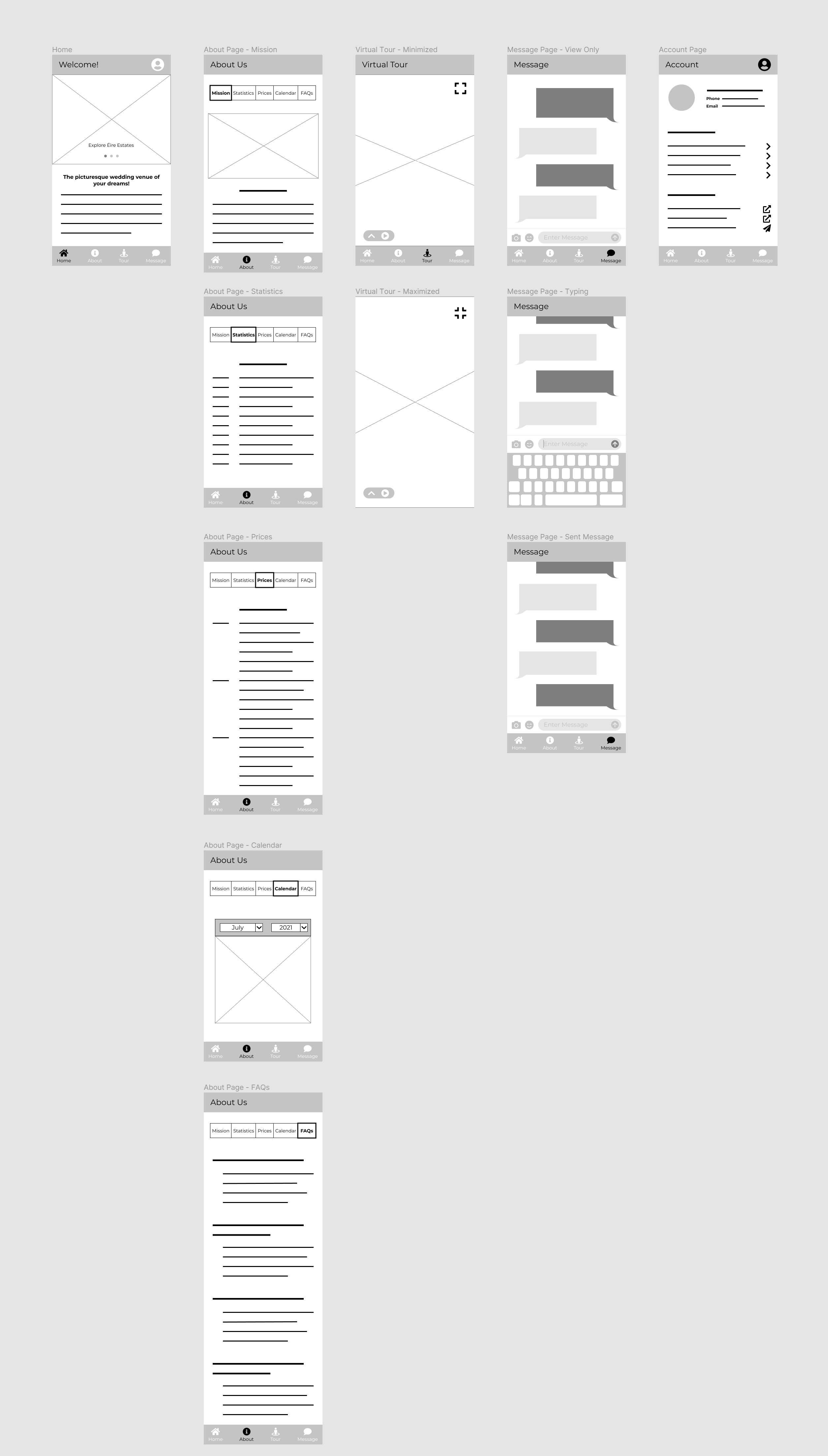 Digital wireframes for the full app
