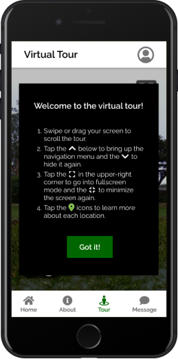 Tour tutorial popup for the Tour page's final mockup