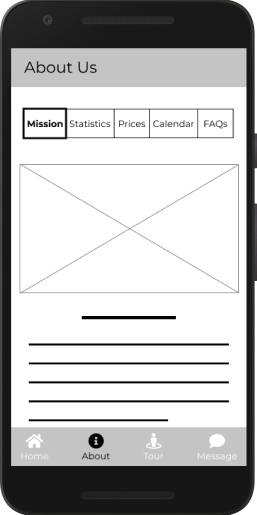 Original wireframe of the venue's "Mission" page