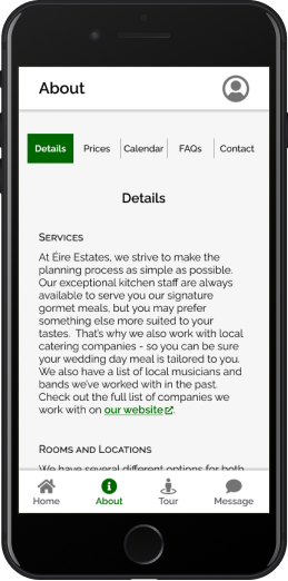 Final mockup of the venue's About page