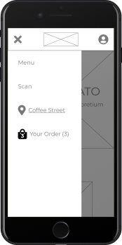 Wireframe of mobile homepage with open hamburger menu