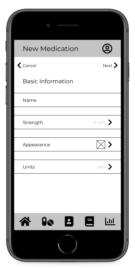 First pass wireframe of the first page in the New Medications flow