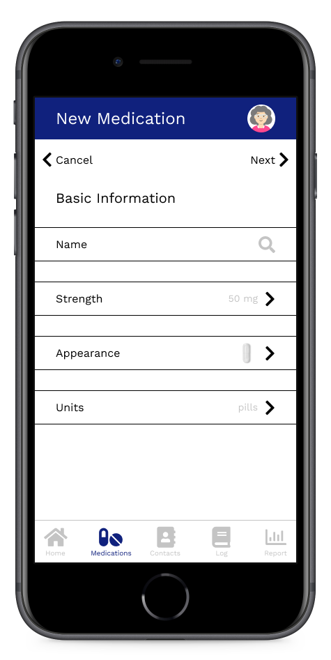 Mockup of the first page in the New Medications flow