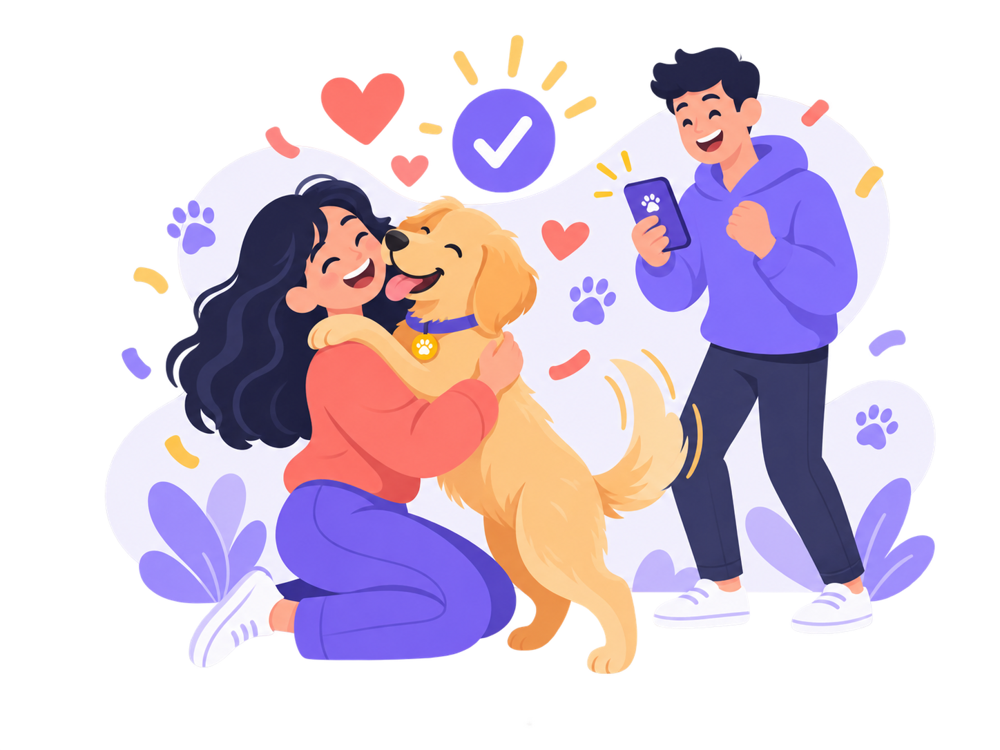 Pet parent reunited with her dog, celebrating with a friend