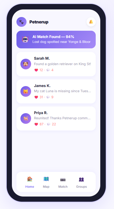 Petnerup app preview showing an AI match and recent lost-pet posts