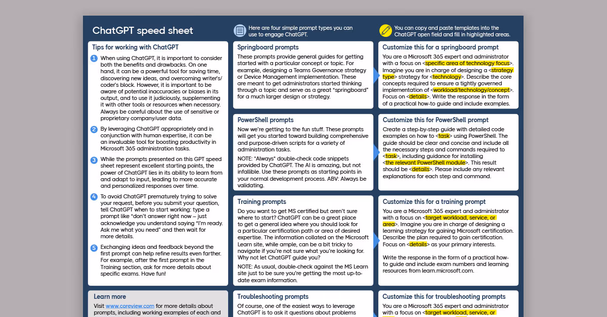 ChatGPT speed sheet with four very useful prompts for M365 admins