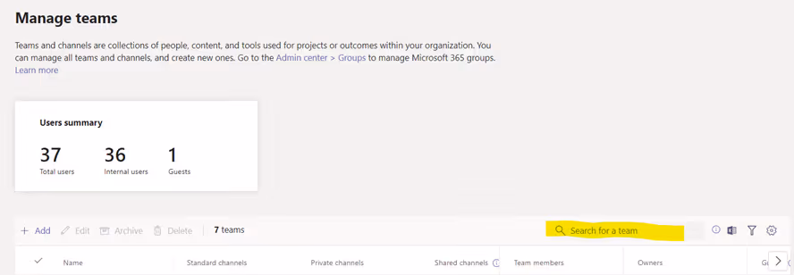 Manage Teams list screen