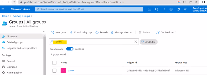 Azure Teams group search screen