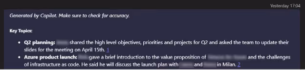 Example of Recap the meeting functionality in Copilot