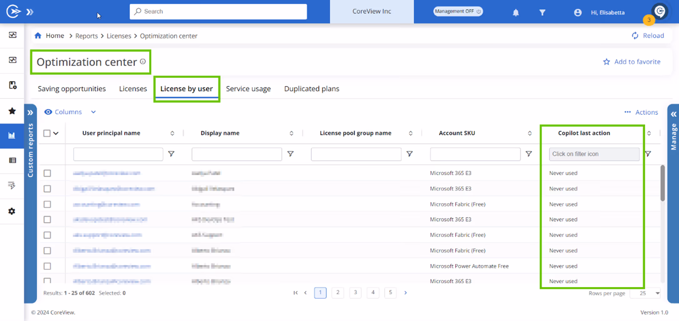 Copilot License Optimization Center in CoreView