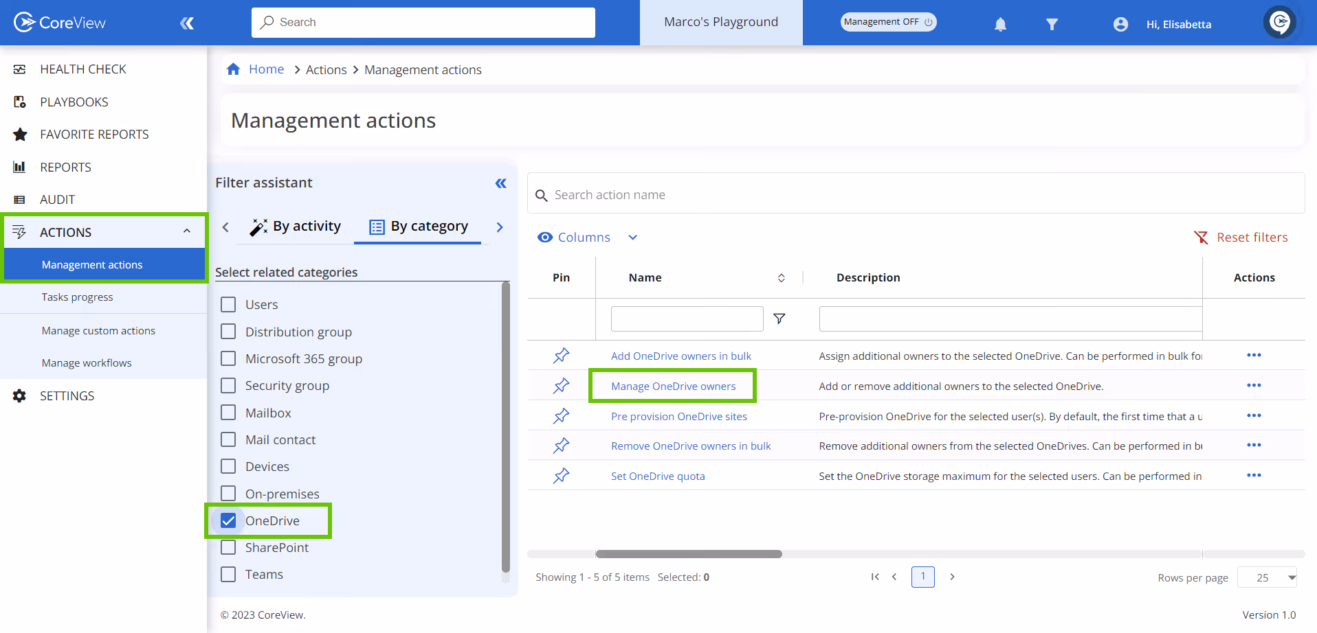 Management actions screen