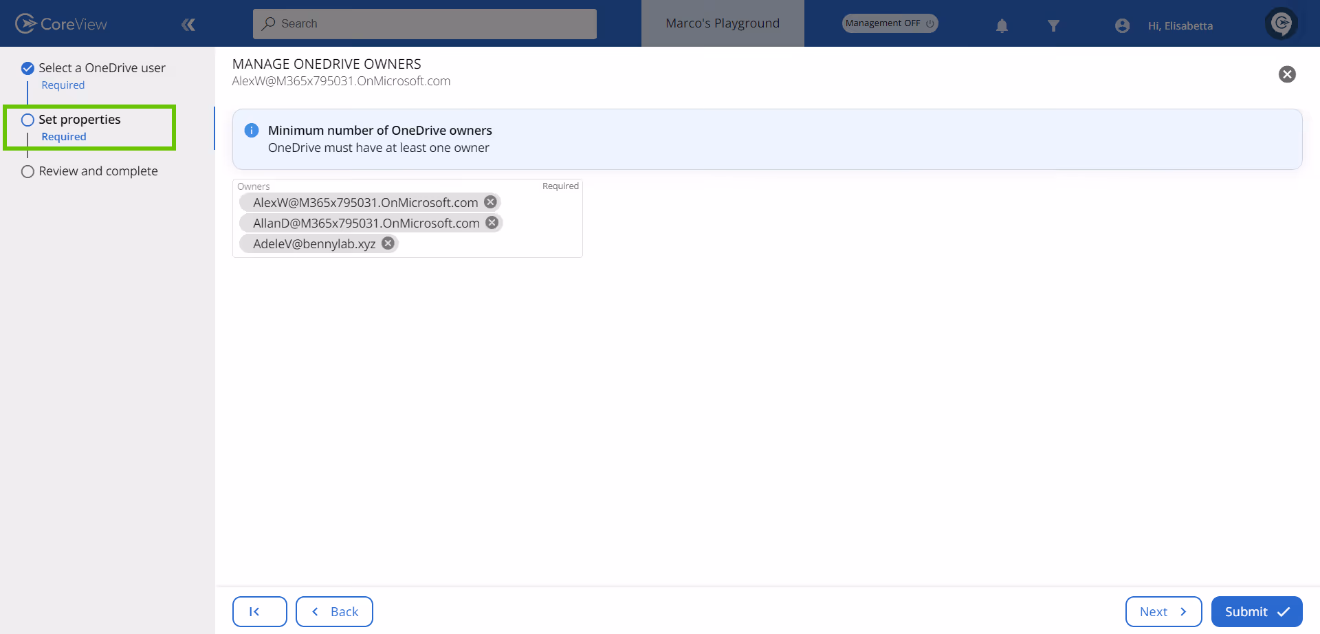 Set Properties screen