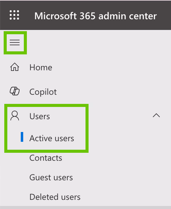 Microsoft Admin Center - Active Users section