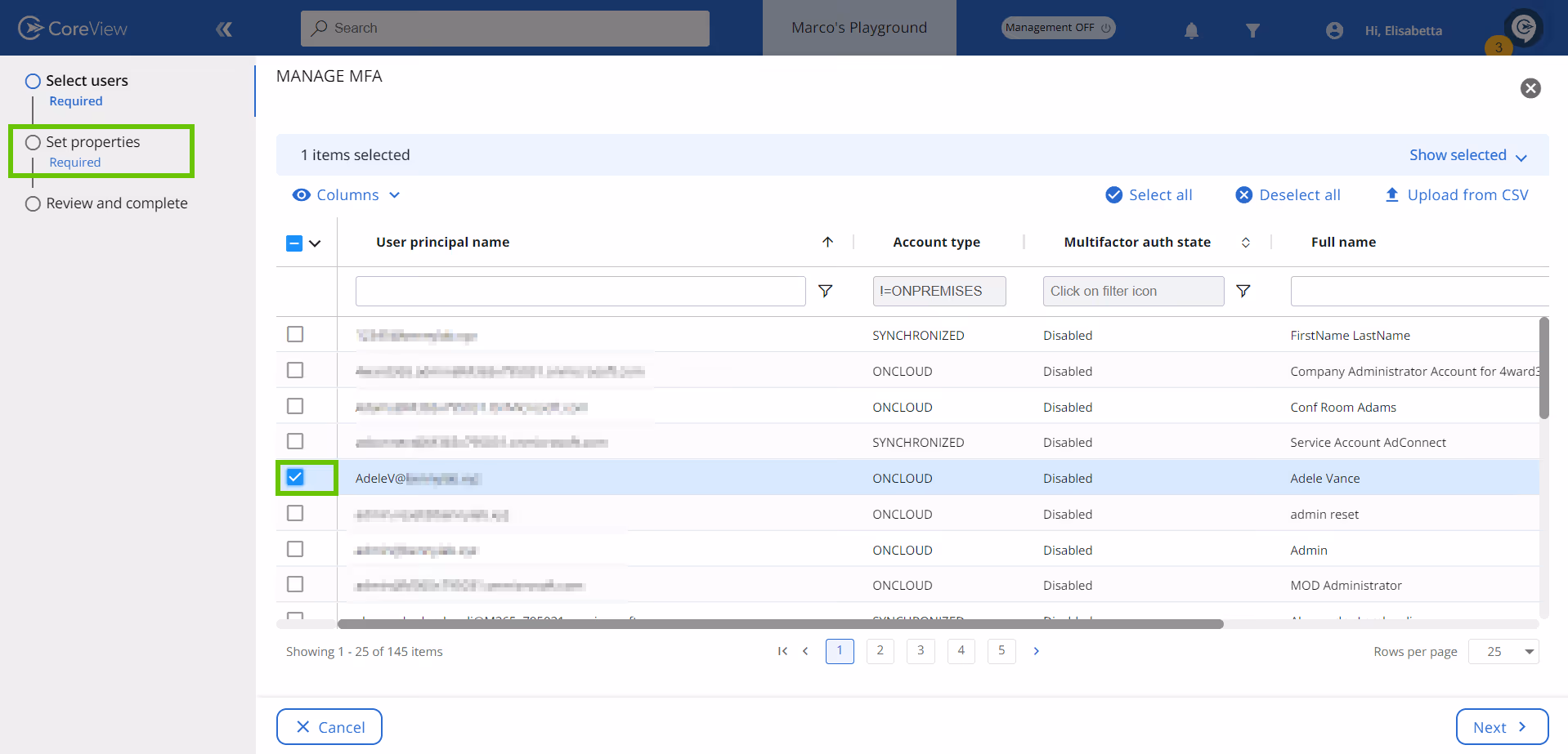 MFS Select User Screen