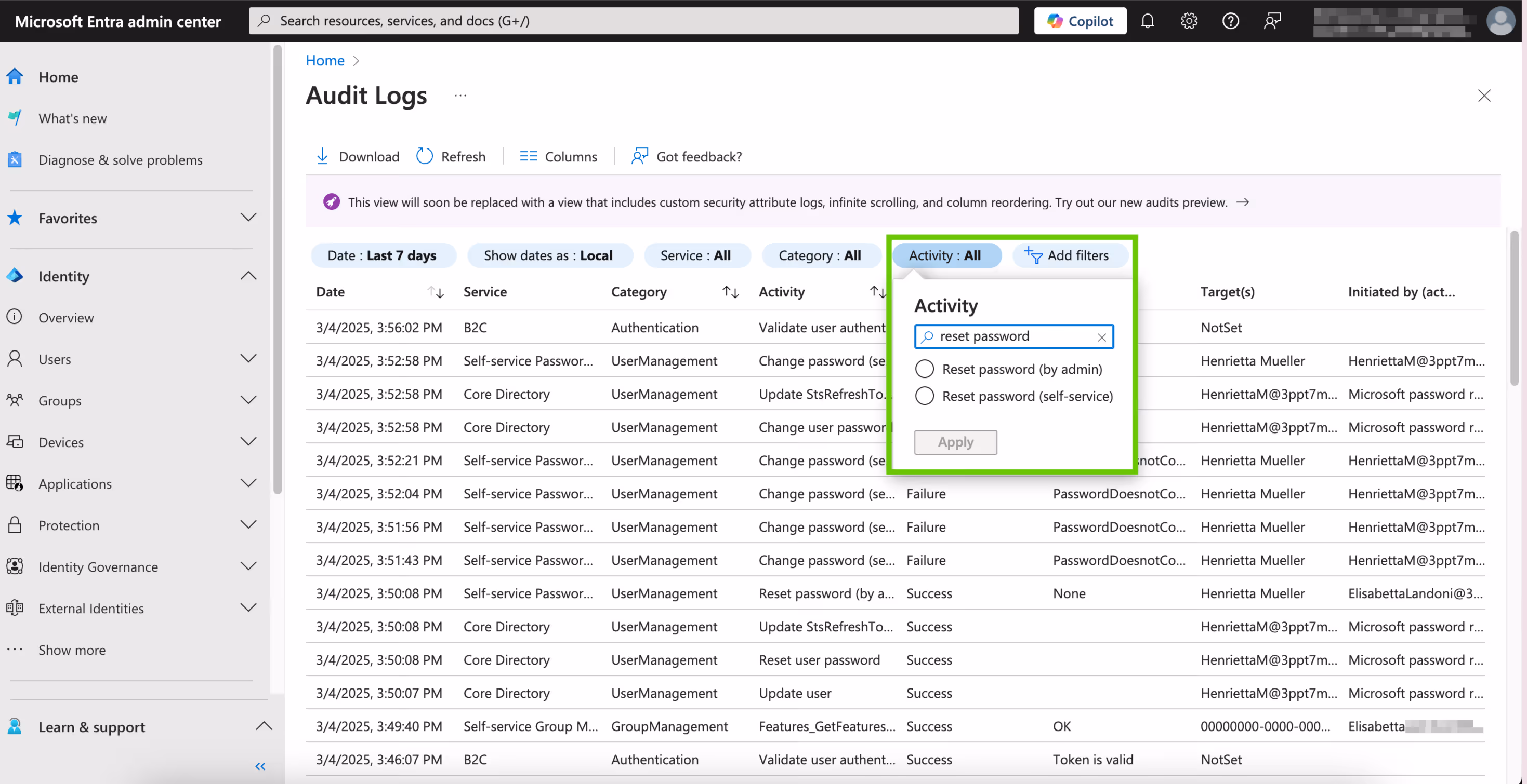 Filtering and Reset Password screen